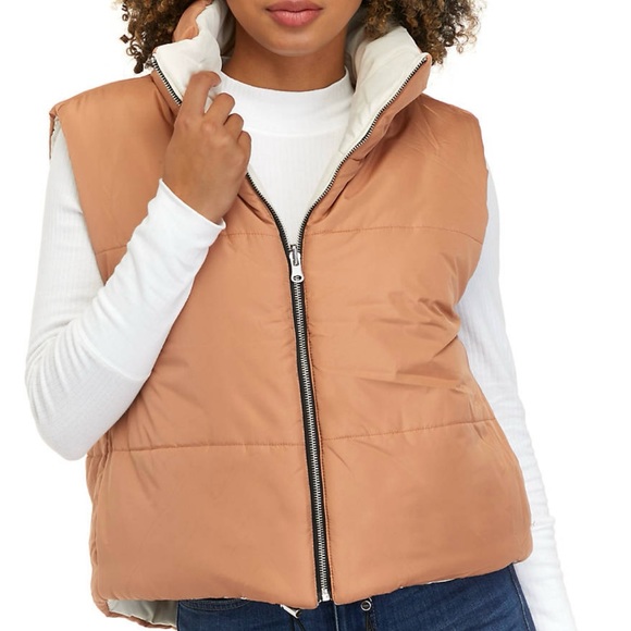 Cozy Reversible Puffer Vest Sleeveless Jacket Womens XL Beige Tan Trendy New - Picture 3 of 14